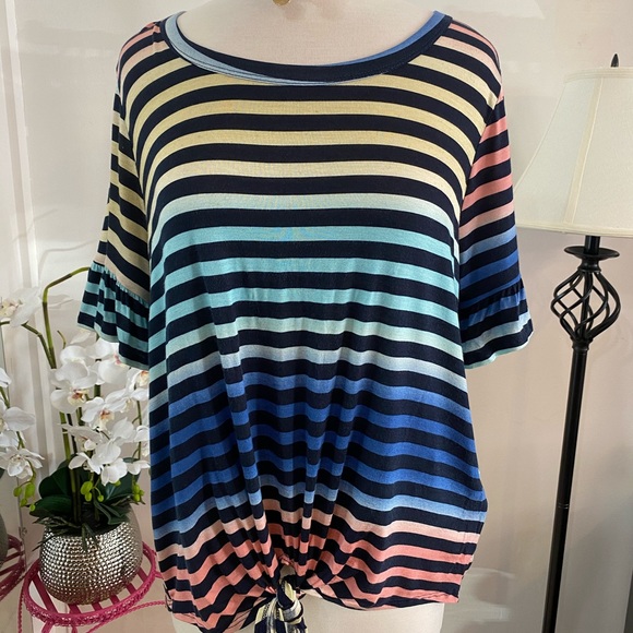 Tops - Curvy Plus Navy Rainbow Stripe Hi-Low Top